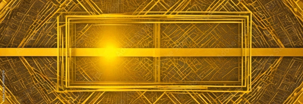Leinwandbilder a golden geometric pattern with a central rectangular frame, set against a dark background with a repeating pattern of intersecting lines and a bright light shining through
