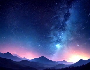 A breathtaking night sky unfolds over a mountainous landscape, with the Milky Way galaxy stretching across the horizon and a vibrant gradient of orange and pink hues