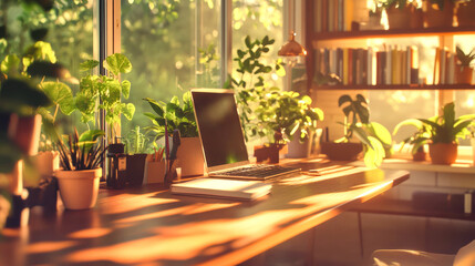 A warm and inviting home office featuring a comfortable workspace surrounded by plants and natural light, perfect for remote work and productivity