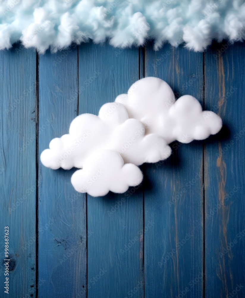 Poster three fluffy white cotton clouds are arranged in a triangular formation against a blue wooden backgr