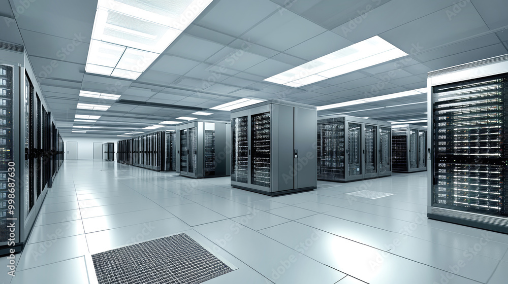 Poster rows of shiny servers and sophisticated computer equipment come alive in a pristine data center, sho