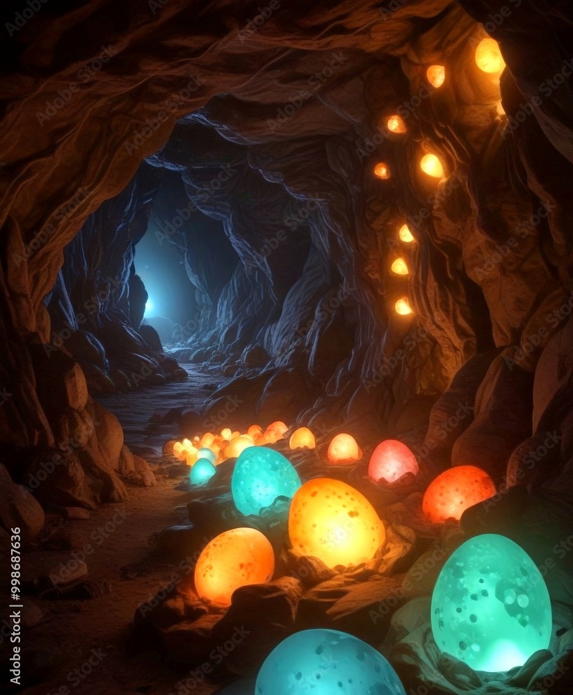 Poster A fantastical cave interior, illuminated by a multitude of glowing, spherical objects in various colors, creating a mesmerizing and otherworldly atmosphere