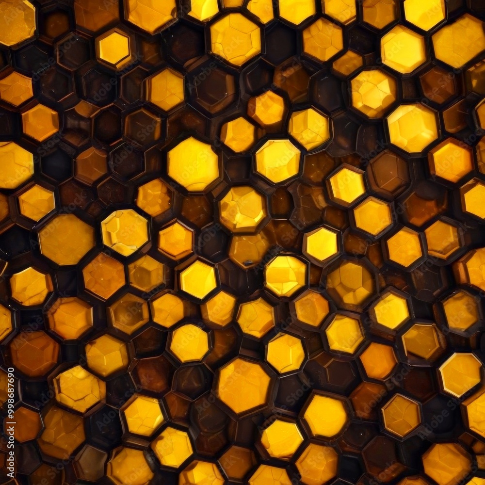 Poster a close-up view honeycomb pattern composed of numerous hexagonal shapes in varying shades of yellow 