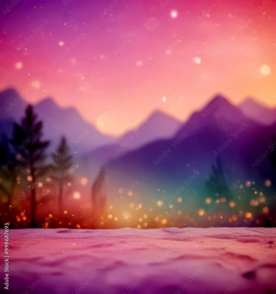 Poster a serene winter landscape with a snowy foreground, a mountain range in the background, and a starry 