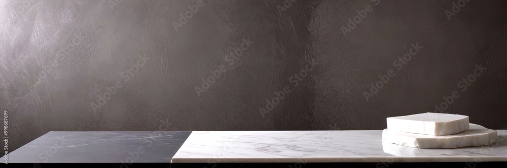 Aufkleber a marble slab with a dark gray section rests on a black surface, with a white rectangular object pla