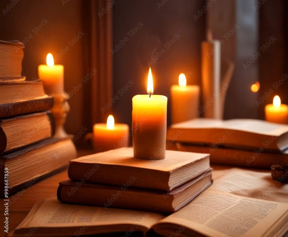 Poster A stack of books with an open book on top sits on a table, surrounded by lit candles and a blurred background