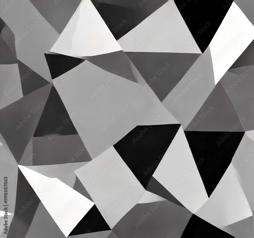 Poster a black and white abstract pattern composed of various shades of gray triangles and rectangles, creating a visually striking and geometric design