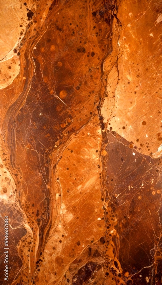 Poster a close-up view marble surface with a marbled pattern of brown and beige hues, featuring small circu