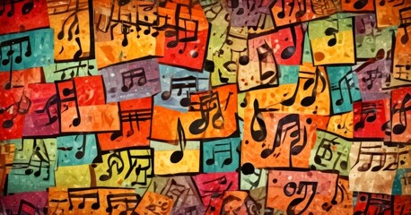 Obraz premium a vibrant collage of overlapping musical notes in various colors and sizes, creating a dynamic and visually striking composition