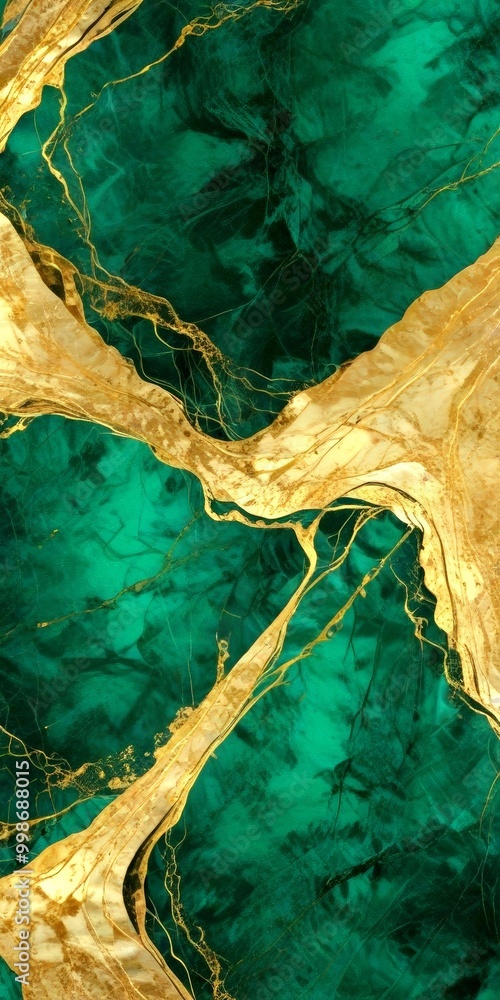 Poster a striking abstract pattern of intersecting lines and swirls in shades of green and gold, creating a sense of movement and dynamism