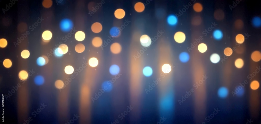 Poster a dark background with a pattern of colorful, blurred lights in various shades of blue, orange, and 
