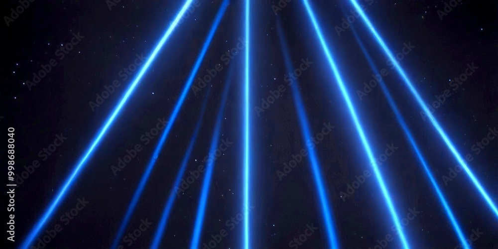 Poster a dark background with blue laser beams radiating outwards in a radial pattern, creating a sense of depth and dimension