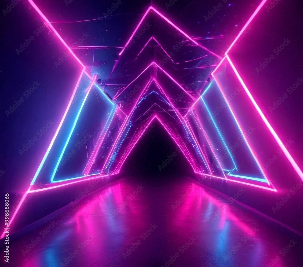 Fototapete A neon tunnel with a geometric pattern of intersecting lines and triangles, creating a visually striking and immersive environment