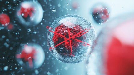 Abstract 3D rendering of red and blue spheres with a snowflake inside, representing the concept of freezing.