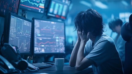 A lone asian stock trader pacing anxiously in front of a huge monitor showing crashing interest rates 