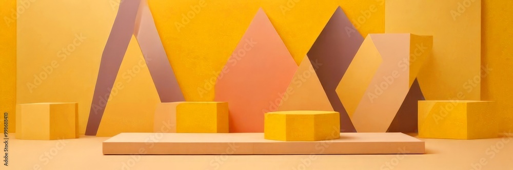Aufkleber A minimalist geometric stage set with a rectangular platform, three hexagonal objects, and a backdrop of geometric shapes in various shades of yellow and pink