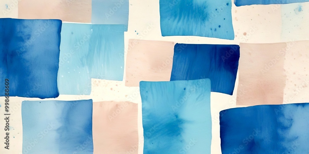 Poster a grid of abstract watercolor paintings in various shades of blue, light blue, and beige, creating a