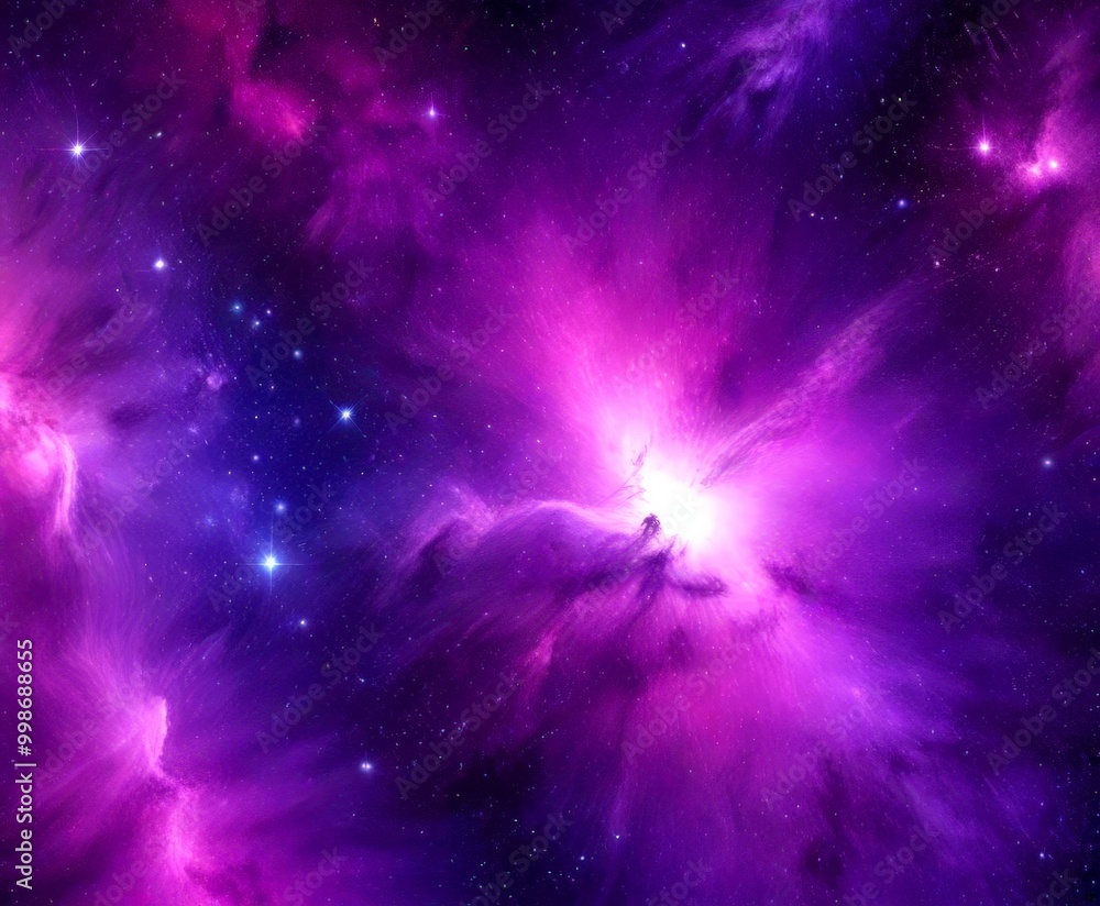 Poster a vibrant cosmic scene, featuring a nebula with swirling clouds of gas and dust illuminated by a bri