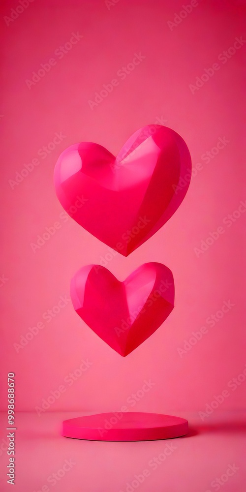 Poster two pink heart-shaped objects float against a pink background, one larger and one smaller, creating 