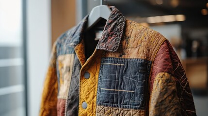 Upcycled patchwork jacket showcasing creative sustainable fashion for eco-friendly wardrobe