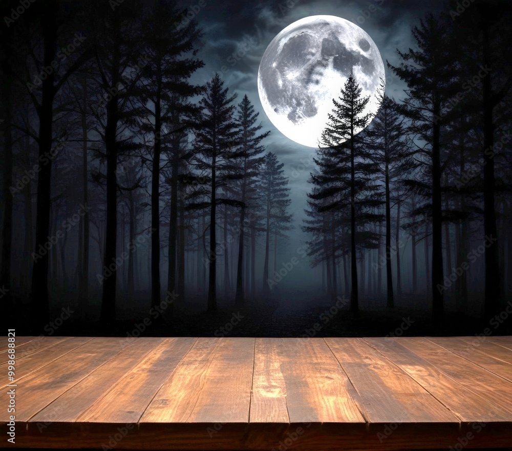 Poster a full moon shines brightly over a dense forest, casting an ethereal glow on the surrounding pine tr