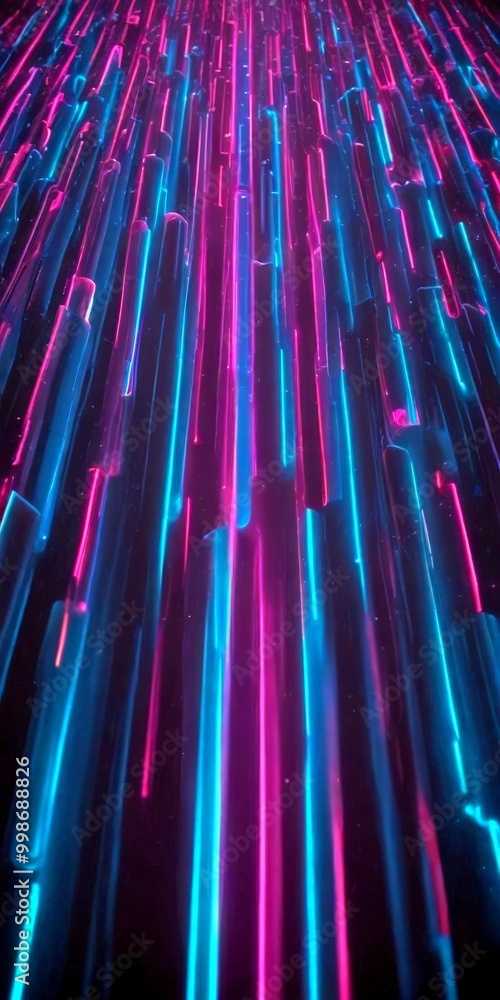 Poster a close-up view grid of thin, vertical lines in various shades of blue and pink, creating a vibrant and dynamic visual effect