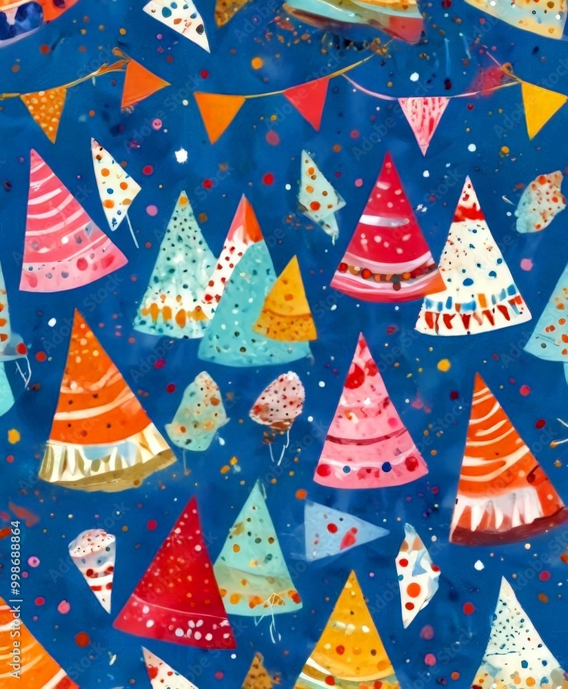 Poster a festive pattern of colorful, abstract christmas trees and flags against a dark blue background