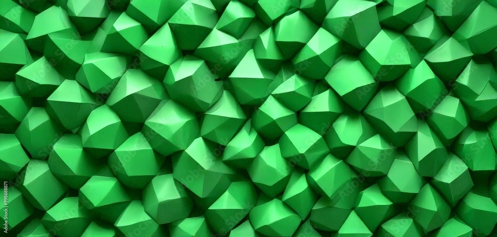 Poster a repeating pattern of green, irregularly shaped cubes or blocks arranged in a grid-like fashion, creating a visually striking and abstract composition