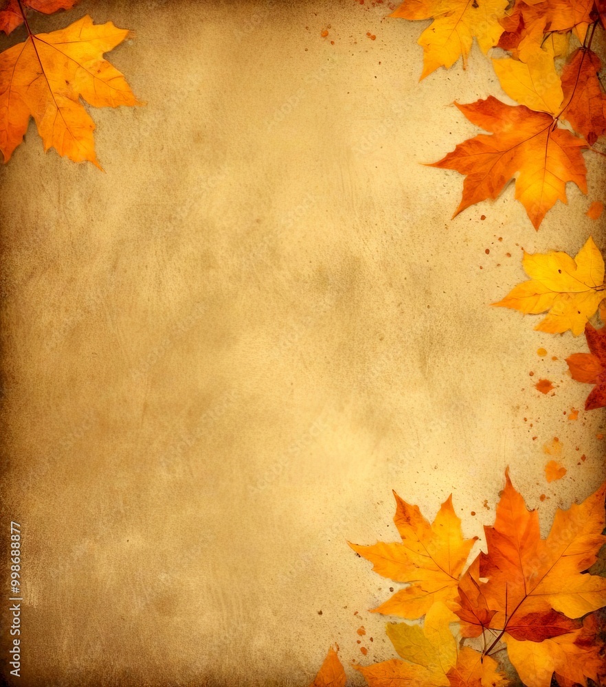 Aufkleber a vintage-style featuring a beige background with scattered autumn leaves in shades of orange and ye
