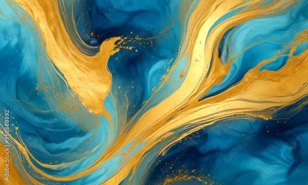 Poster a swirling pattern of blue and gold hues, with gold splashes and splotches adding a touch of contrast and depth to the abstract design