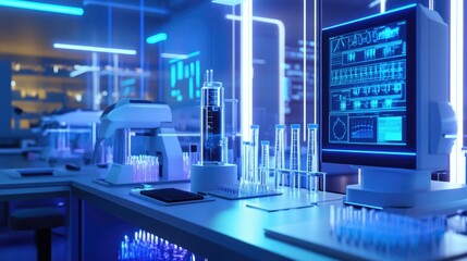 A futuristic lab where AI-powered machines analyze biological samples, with LED lights and touch-screen controls adding a sci-fi vibe.