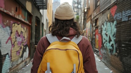 Fototapeta premium Urban exploration: young adult in bold fashion with backpack for adventure and travel print