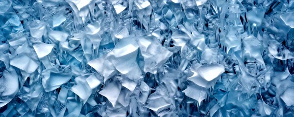 a close-up view frozen waterfall, with ice formations resembling a dense, icy forest The ice exhibits a light blue hue, and the perspective is from above, providing