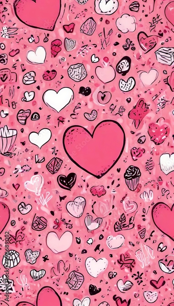 Poster A repeating pattern of pink hearts and other heart-related shapes and symbols on a pink background