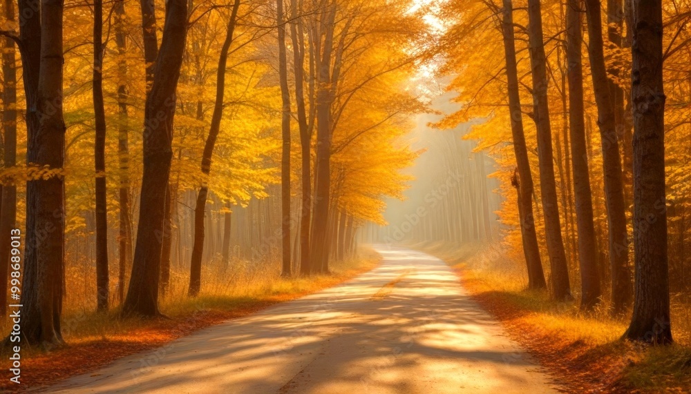 Poster a tranquil autumnal scene unfolds on a winding road, flanked by trees adorned with vibrant yellow le