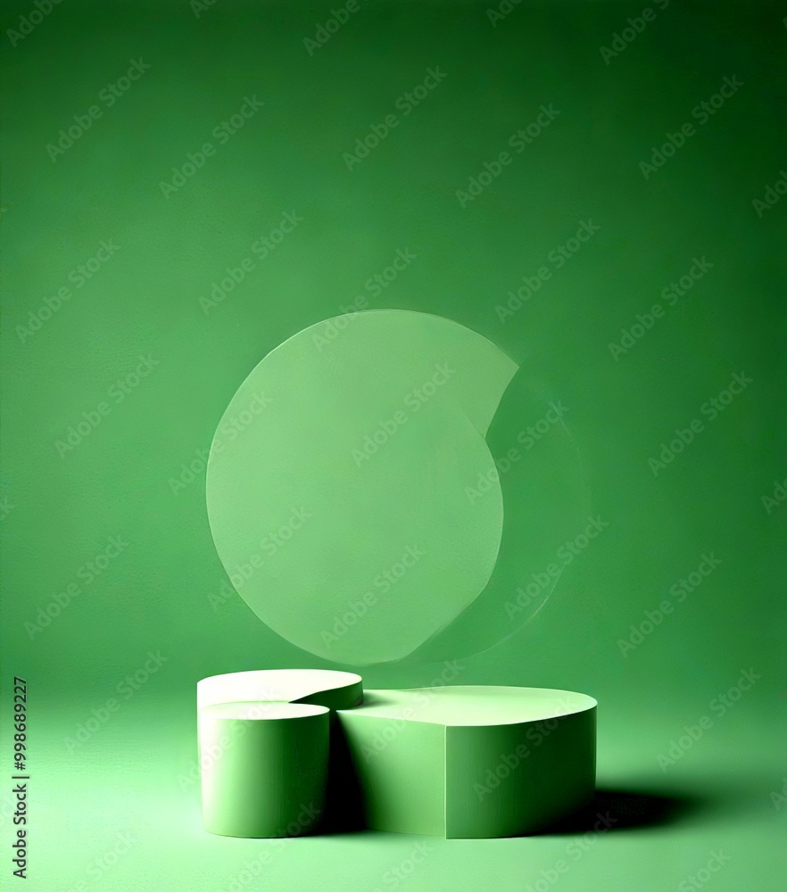 Fototapete a minimalist green podium with a circular base and a large circular opening in the center, set again