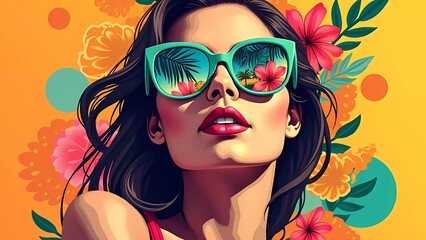 Vibrant spirit of summer with a stunning portrait of a fashionable woman in sunglasses, surrounded by colorful tropical flowers and bright patterns that capture the essence of joy and relaxation