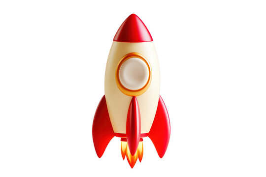 Red and White Rocket Ship: A 3D illustration of a cartoon rocket ship with red and white color scheme, taking off with flames. Perfect for your presentations, designs, or marketing materials.