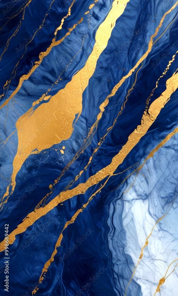 Poster a striking abstract pattern with blue and gold hues, resembling a marble-like texture The pattern is composed of diagonal lines and splashes of gold, creating a sense of
