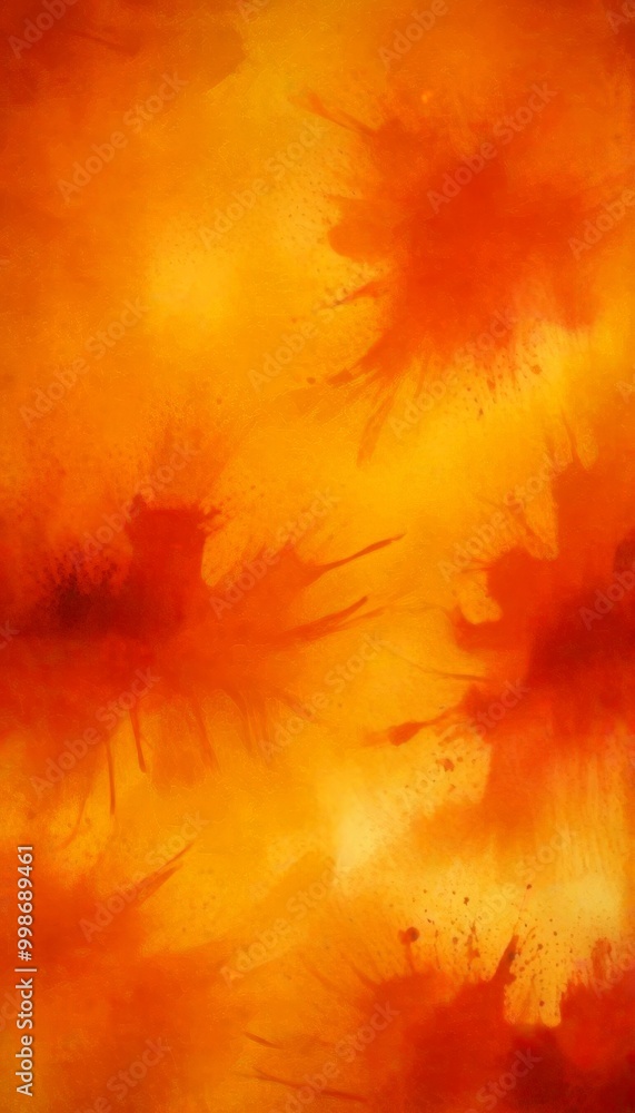 Poster an abstract painting featuring a vibrant mix of orange and yellow hues, with splashes of red and bla