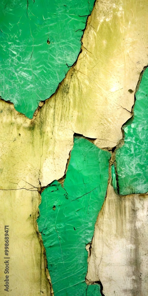 Poster a close-up view textured wall surface with a mix of green and beige colors, with cracks and peeling 
