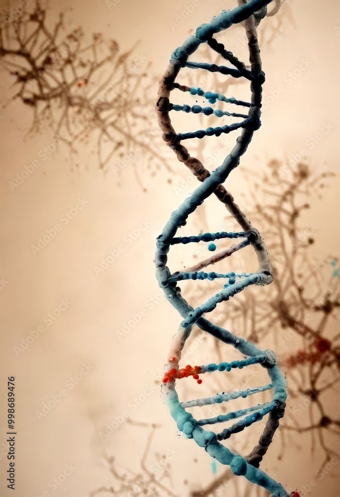Poster a close-up dna helix, with a blurred background of branches and leaves, conveying a sense of complex