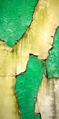 a close-up view textured wall surface with a mix of green and beige colors, with cracks and peeling paint