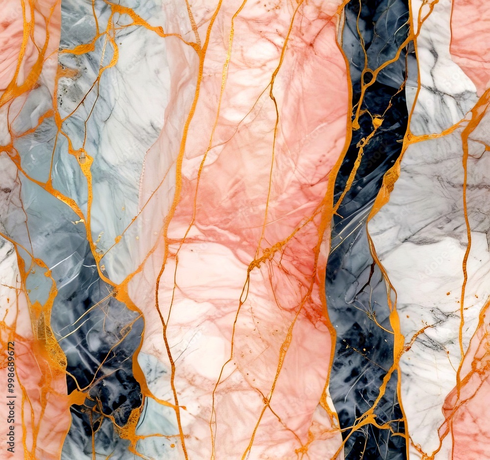 Poster a repeating pattern of marble-like textures in pink, white, and blue, with gold lines and splashes o