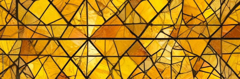 Poster a close-up view stained glass window composed of numerous triangular panels in various shades of yellow and orange, arranged in a grid-like pattern