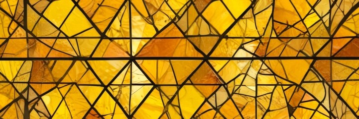 a close-up view stained glass window composed of numerous triangular panels in various shades of yellow and orange, arranged in a grid-like pattern