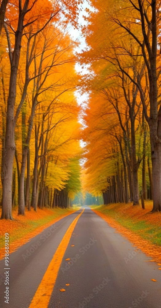 Poster a picturesque autumn scene featuring a tree-lined road with vibrant orange and yellow leaves, creati