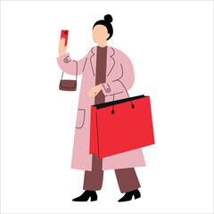Woman Holding big Shopping Bags and Phone. Winter and Christmas sale. Holiday Shopping Illustration.