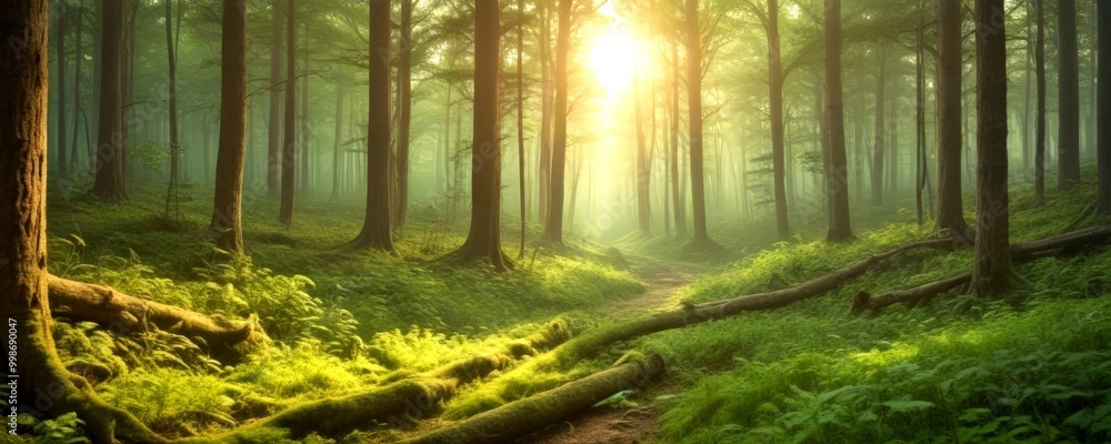 Aufkleber a serene forest scene with sunlight filtering through the trees, casting a warm glow on the mossy gr