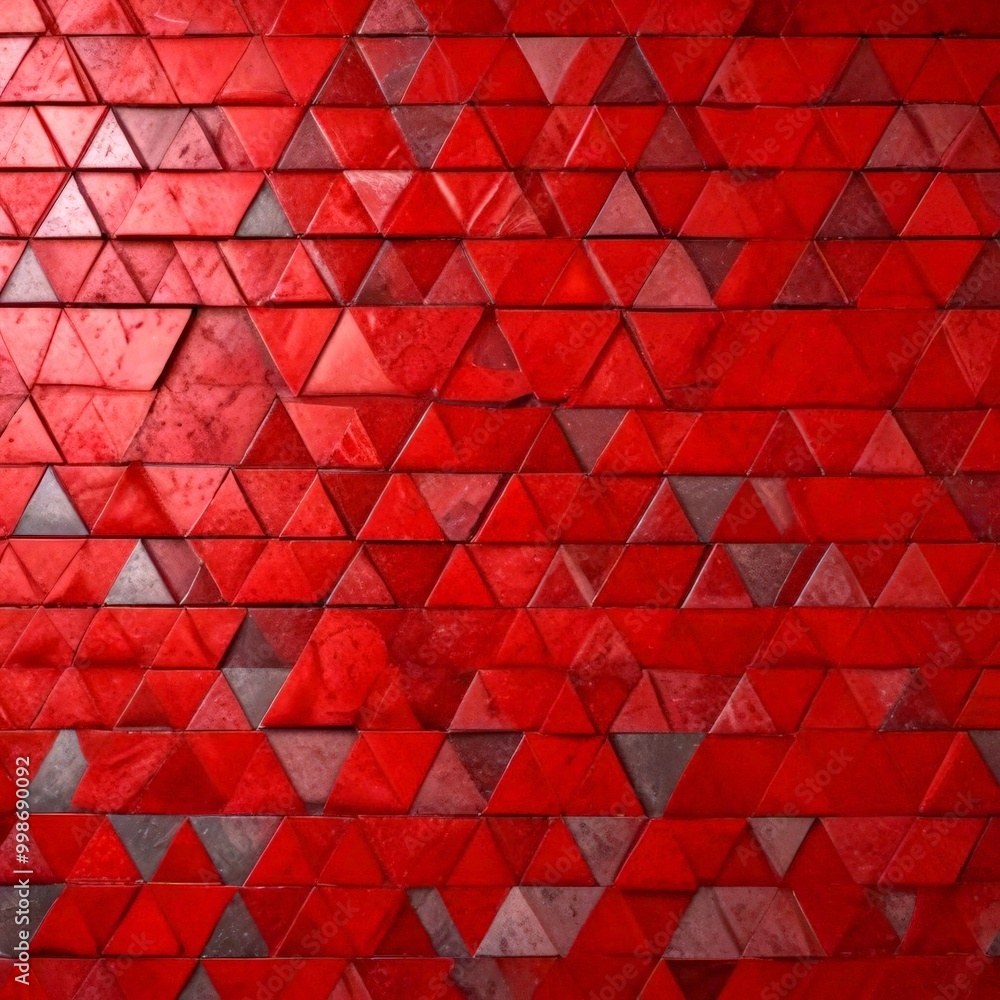 Poster a close-up view red mosaic composed of numerous small triangular tiles arranged in a grid-like patte